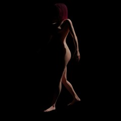 Revealed skinny adult body of a woman in lingerie and colored red hair, 3D illustration on a dark background