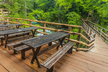 Picnic area in Vintgar gorge near Bled, Slovenia