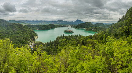 Aerial view of Bled lake with the Pilgrimage Church of the Assumption of Maria, Slovenia