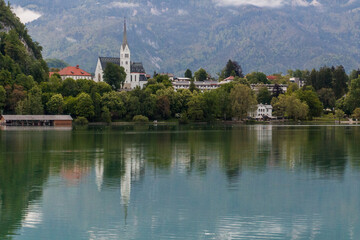 Fototapeta na wymiar View of Bled lake and Bled town, Slovenia