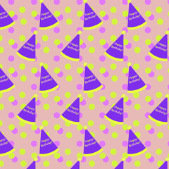 seamless pattern with purple birthday hats on polka dot background 