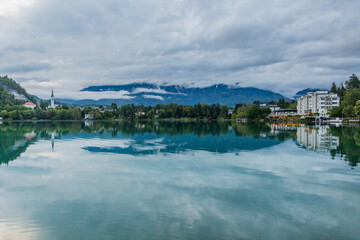Fototapeta na wymiar Evening view of Bled lake and Bled town, Slovenia