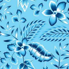 sky blue banana palm leaves tropical seamless pattern with beautiful frangipani flowers plants and foliage in monochromatic color style. blue background. fashionable texture. Exotic tropics. Summer 