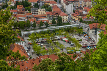 Aerial view of Ljubljanska trznica market in Ljubljana, Slovenia