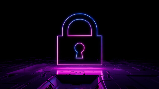Pink and Blue Security Technology Concept with lock symbol as a neon light. Vibrant colored icon, on a black background with high tech floor. 3D Render