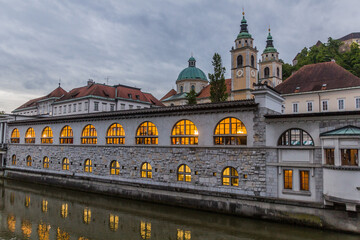 Obraz premium Plecnik arcade market building reflecting in Ljubljanica river in Ljubljana, Slovenia