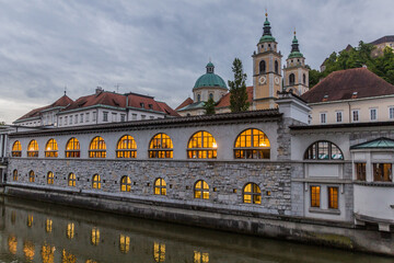 Plecnik arcade market building reflecting in Ljubljanica river in Ljubljana, Slovenia