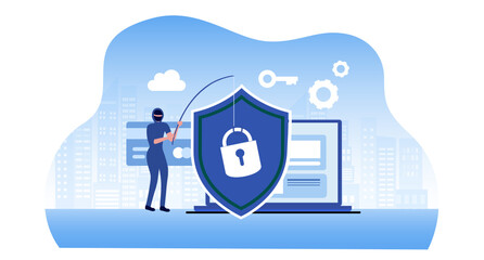 Phishing scam, hacker crime attack and personal data security concept. Hacker try to unlock the key on computer and phishing account, stealing password. cyber security vector illustration
