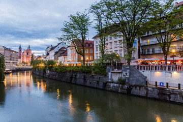 Ljubljanica river and Franciscan Church of the Annunciation in Ljubljana, Slovenia