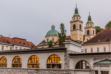 Fototapeta na wymiar Plecnik arcade market building and the Cathedral in Ljubljana, Slovenia