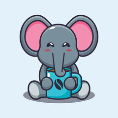 Cute elephant with hot coffee. Cute cartoon animal illustration.