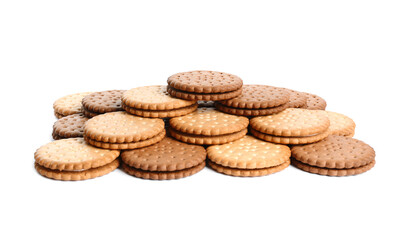 Different tasty sandwich cookies on white background