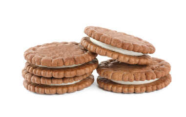 Tasty chocolate sandwich cookies with cream on white background