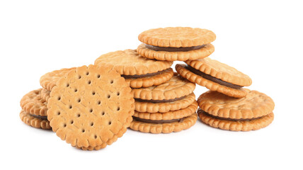 Tasty sandwich cookies with chocolate cream on white background