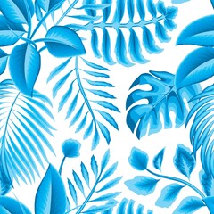 Fototapeta na wymiar abstract rainforest seamless pattern with blue monochromatic color tropical leaves and plants on white background. Vector design. Jungle print. Floral background. Printing and textiles. Exotic summer