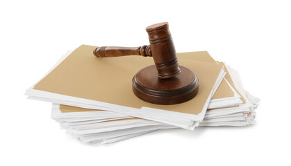 Yellow files with documents and wooden gavel on white background - obrazy, fototapety, plakaty