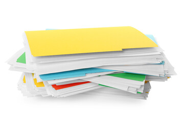 Stack of different files with documents on white background