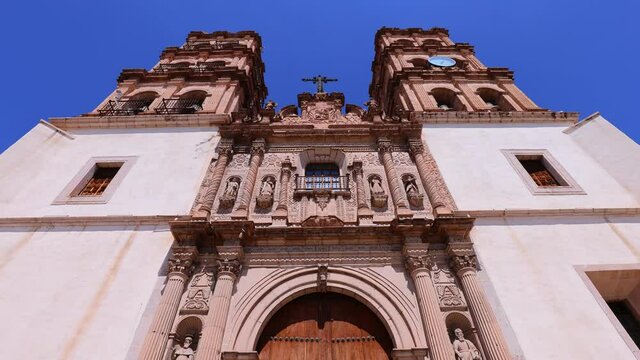 Mexico, Catholic church of Cathedral Basilica of Durango in colonial historic city center located opposite Durango central square Plaza de Armas.