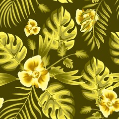 elegance abstract flowers on pastel background with monstera palm leaves and tropical fern foliage. vector design suitable for shirt cloth or print textiles. jungle wallpaper. Exotic tropics. Summer 