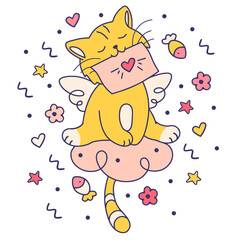 Cute doodle kitten, cupidon. Funny Isolated cartoon character for t shirts, tee print, sticker on wedding card, social media post on st Valentines day