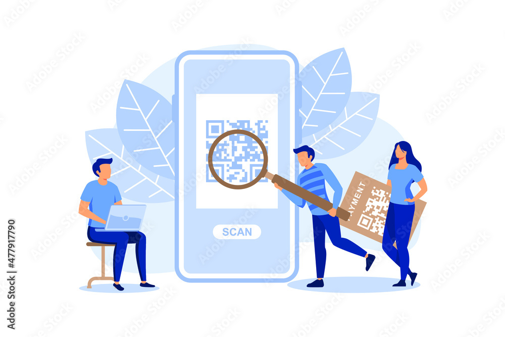 Poster qr code scanning concept, showing people scan code using smartphone, suitable for landing page, ui, 