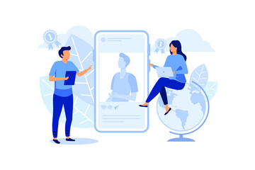 Online Education Concept, Showing young people learning online, Suitable for landing page, ui, web, App intro card, editorial, flyer, and banner flat modern design illustration
