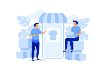 Online Shopping Ecommerce Tiny People Character Concept Vector Illustration, Suitable For Wallpaper, Banner, Background, Card, Book Illustration, Web Landing Page, and Other Related Creative 