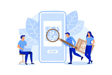 QR Code scanning Concept, Showing people scan code using smartphone, Suitable for landing page, UI, web, App intro card, and others flat modern design illustration - obrazy, fototapety, plakaty