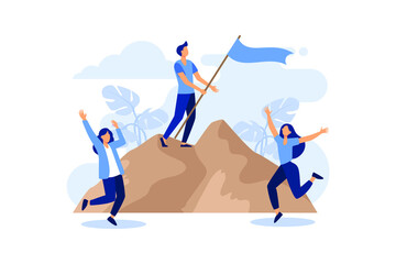 Fototapeta na wymiar Teamwork partnership Vector Illustration. showing Target reaching as company employee challenge to climb to mountain together with unity and cooperation. Suitable for landing page,flat modern design
