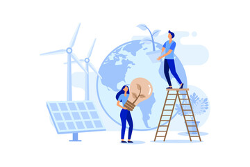 Green Clean Energy Concept, Showing green lifestyle using power from green energy, Suitable for landing page, UI, web, App intro card, and others flat modern design illustration