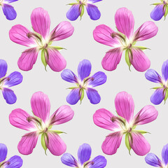 Forest geranium. Illustration, texture of flowers. Seamless pattern for continuous replication. Floral background, photo collage for textile, cotton fabric. For wallpaper, covers, print.