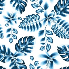 Fashionable seamless tropical pattern with bright botanical plants and leaves on white background. Beautiful exotic plants. Trendy summer Hawaii print. Floral background. Summer. shirt cloth texture