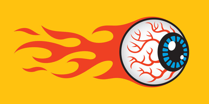 Burning Flaming Eyeball Vector Graphic.
Vector Illustration of a human eyeball on fire and flying through the air, leaving a trail of flames behind it.