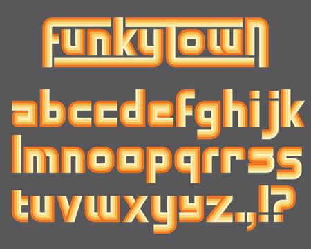 Funky colorful custom retro lettering alphabet.
Vector alphabet inspired by vintage funk or soul music with retro seventies style gradient color letters. Includes many alternate characters.