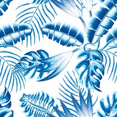 white background vector design with fashionable banana palm leaves and monstera plants foliage in blue monochromatic color stylish. fashionable prints texture. Exotic jungle wallpaper. Summer design