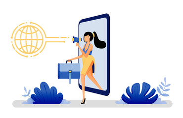 vector illustration of woman getting out of phone and holding suitcase metaphor of gig economy making everyone able to work with apps and internet. Designed for website, web, apps, poster, banner