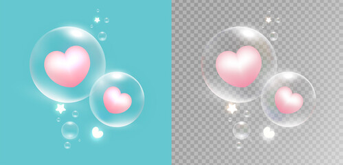 Bubble soap with pink hearts. Abstract design symbol floating isolated on light blue and transparent backgrounds. Illustration of love.