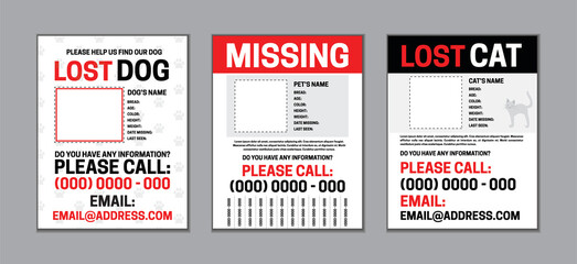 Missing or Lost Pet Page Template Set with Dog and Cat Design