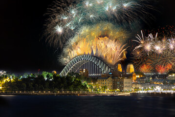 Sydney Harbour Bridge New Years Eve fireworks, colourful NYE fire works lighting the night skies...