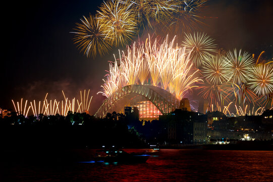 Sydney Harbour Bridge New Years Eve Fireworks, Colourful NYE Fire Works Lighting The Night Skies With Vivid Multi Colours