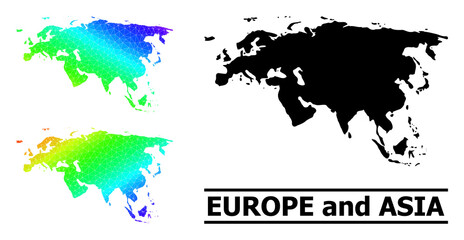 Vector lowpoly rainbow colored map of Europe and Asia with diagonal gradient. Triangulated map of Europe and Asia polygonal illustration.