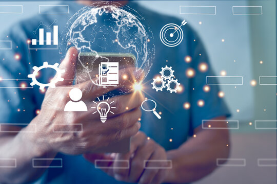 Business man using smart phone to shoping online with internet technology, concept of global data network, digital, big data search, online transaction,stock trading.