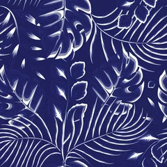 Foto op Plexiglas Exotische jungle planten illustratie naadloze patroon met mooie heldere glanzende tropische monstera palmbladeren planten en gebladerte op blauwe achtergrond. vectorontwerp. Zomer ontwerp. abstract behang © Dian Husaeni