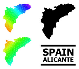 Obraz premium Vector low-poly spectral colored map of Alicante Province with diagonal gradient. Triangulated map of Alicante Province polygonal illustration.