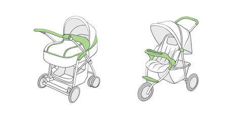 Set of two baby strollers. Vector isolated stock flat color image on a white background. Summer pram and winter pram