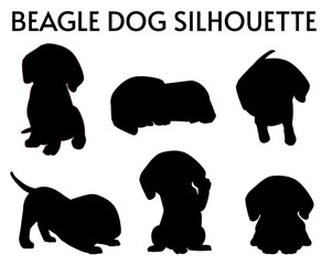 6 Set of Beagle Dog Silhouettes vector, isolated black silhouette of a dog, collection, Animal Silhouette, Dog breeds vector silhouettes set