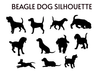 11 Set of Beagle Dog Silhouettes vector, isolated black silhouette of a dog, collection, Animal Silhouette, Dog breeds vector silhouettes set