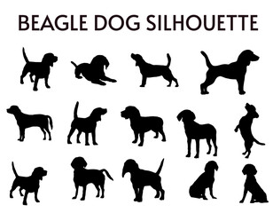 14 Set of Beagle Dog Silhouettes vector, isolated black silhouette of a dog, collection, Animal Silhouette, Dog breeds vector silhouettes set