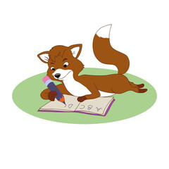 The fox is writing letters in a notebook.