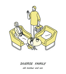 多様な家族　シニアの母親と中高年の息子
